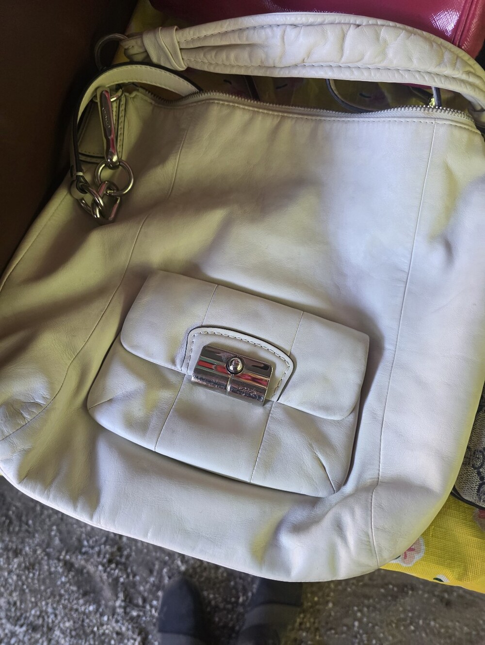 Coach White Leather Shoulder Bag with Front Pocket